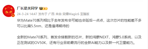 華為Mate 70細(xì)節(jié)曝光！芯片性能比肩5.5nm、新鴻蒙5.0系統(tǒng)